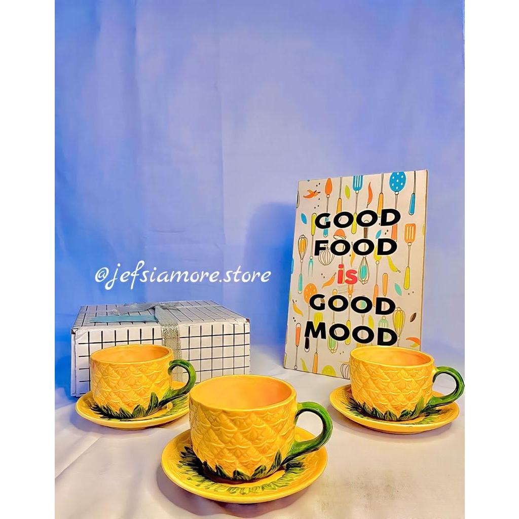 [ READY ] - Cangkir 3 Pasang Motif Nanas Kecil Keramik / Kado Unik / Hampers Cantik / Gelas Lucu / C