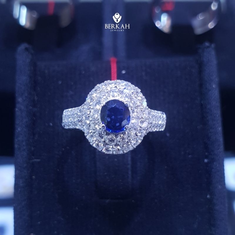 Cincin Emas Blue Sapphire & Berlian Asli Berkualitas Bagus Natural Diamond