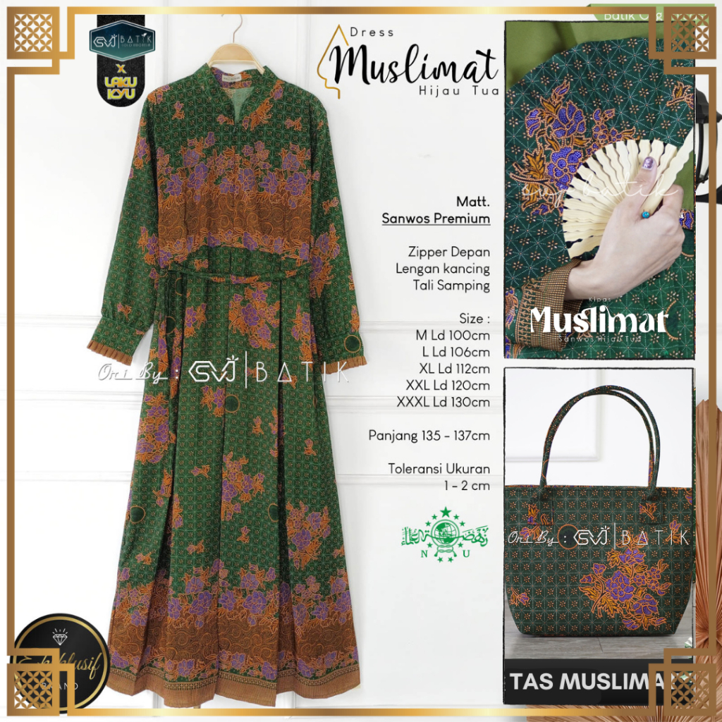 Gamis muslimat nu warna TUA bahan sanwos premium set jilbab dan tas cantik bonus kipas nu ori SVJ ba