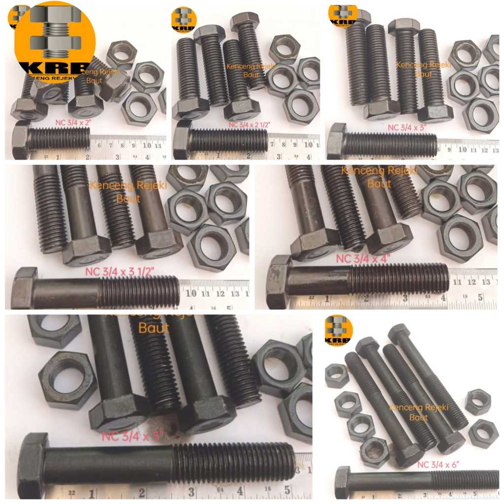 Baut Mur NC 3/4x2", NC 3/4x2 1/2", NC 3/4x3", NC 3/4x3 1/2", NC 3/4X4", NC 3/4X5", NC 3/4X6". Kunci 