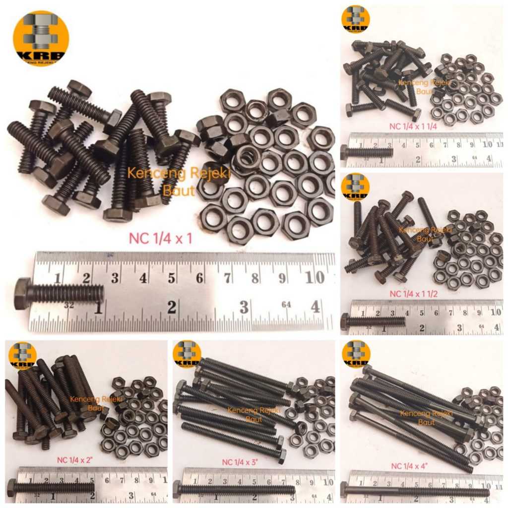 Baut Mur Hitam NC 1/4x1", NC 1/4x1 1/4", NC 1/4x1 1/2", NC 1/4x2", NC 1/4x3", NC 1/4x4", NC 1/4x5". 