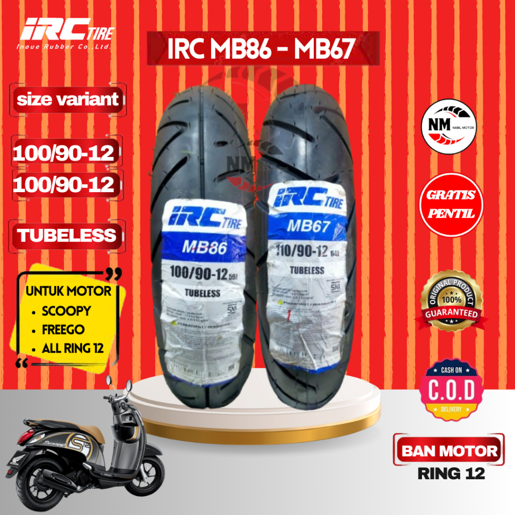 BAN LUAR SCOOPY DEPAN DAN BELAKANG 100/90-12 110/90-12 IRC TUBLESS || IRC BAN LUAR SCOOPY 100/90 -12