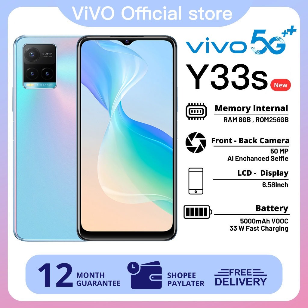 Hp ViVO Y33s ram 8 256GB Layar 6.58 inch Smartphone 5G Bagus Internet hp murah android 4G 50MP Camera Handphone original terbaru 2023 promo