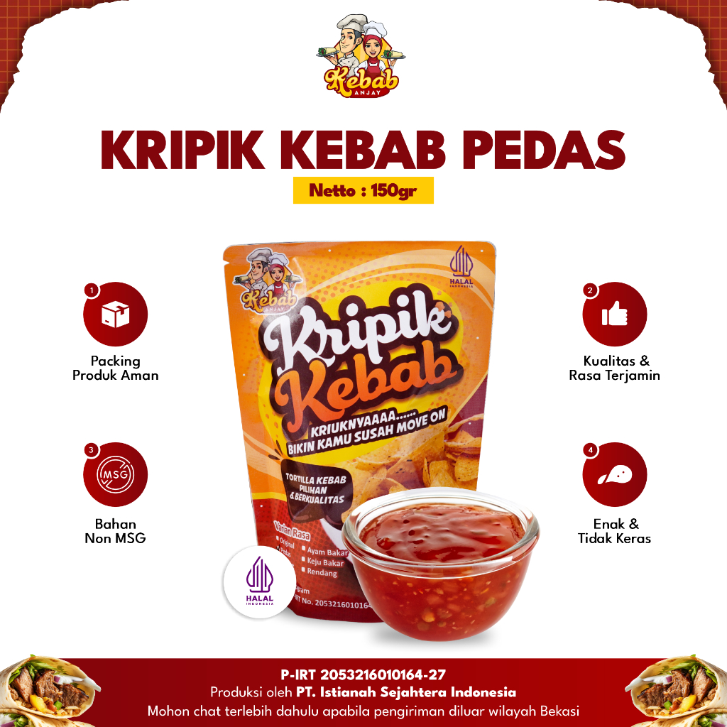 

Keripik Kebab Anjay Kribab 150gr Kripik Kulit Kebab Rasa Pedas Cemilan Renyah Non MSG Halal