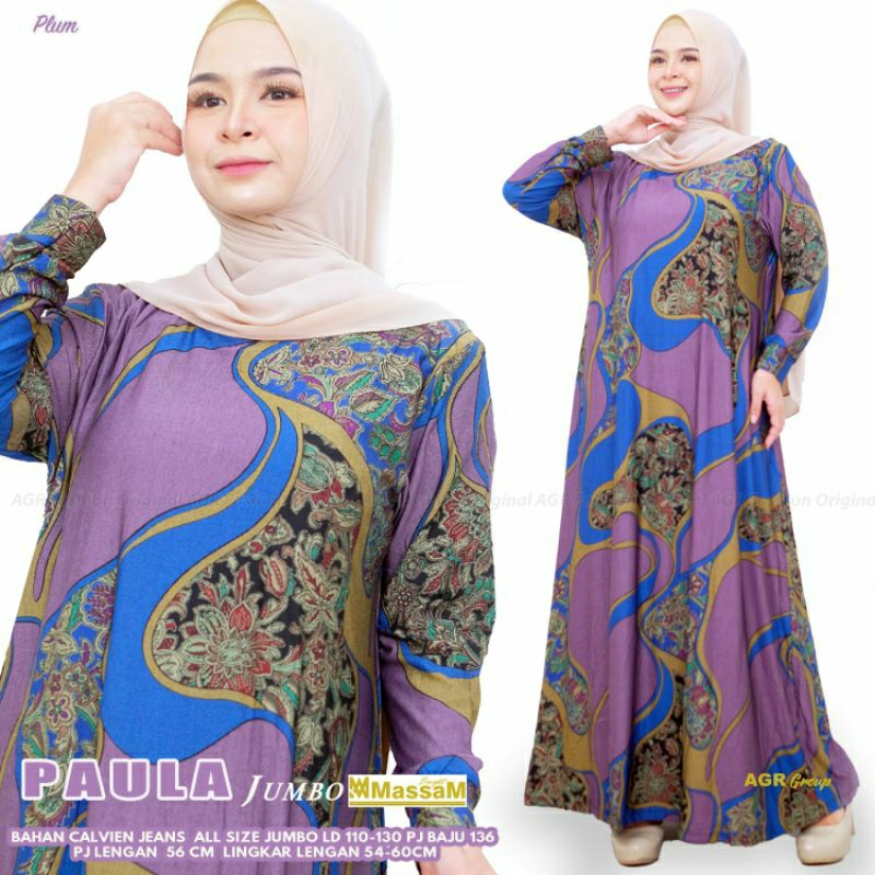 Paula Gamis Ibu Ibu Jumbo XXXL XL XXL Ld110 Ld120 Ld130 Gamis Calvin Jeans Melar Tidak Panas Motif B