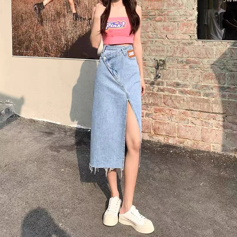 【wanita.id】rok korean style panjang rok jeans panjang rok a line 7/8 rok midi rok denim panjang rok span sma rok belah samping rok daily