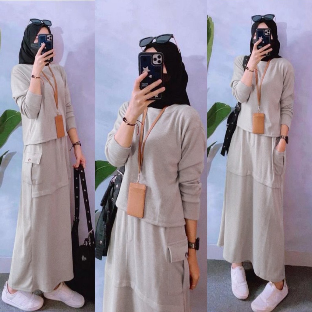 Rok Cargo One Set Atasan + Rok Setelan Cargo Olahraga Wanita Jumbo Korean Style