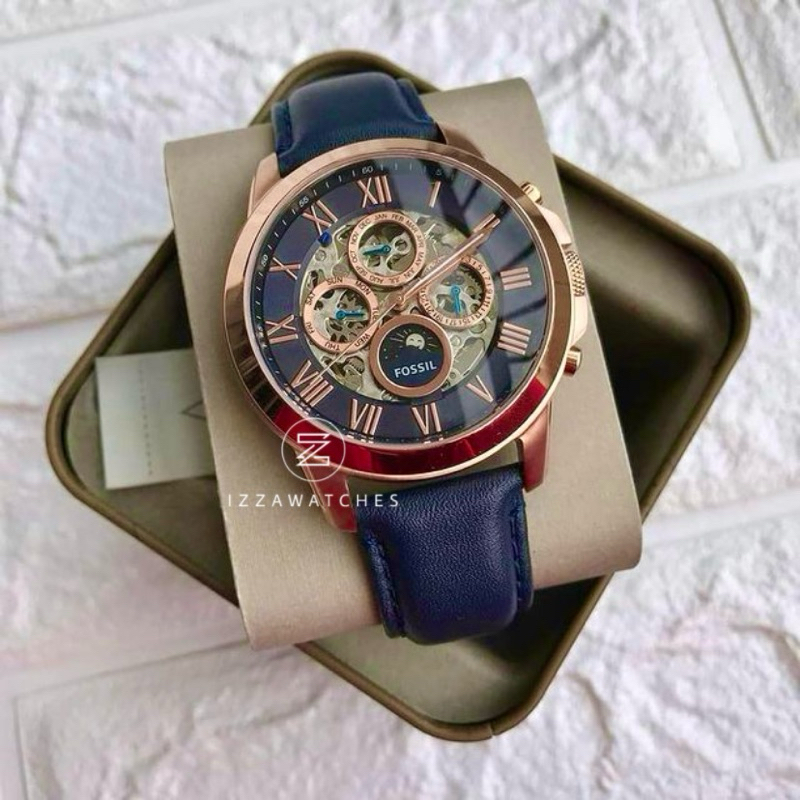 ME3029 Grant Skeleton Dial Navy Blue Leather Strap Watch