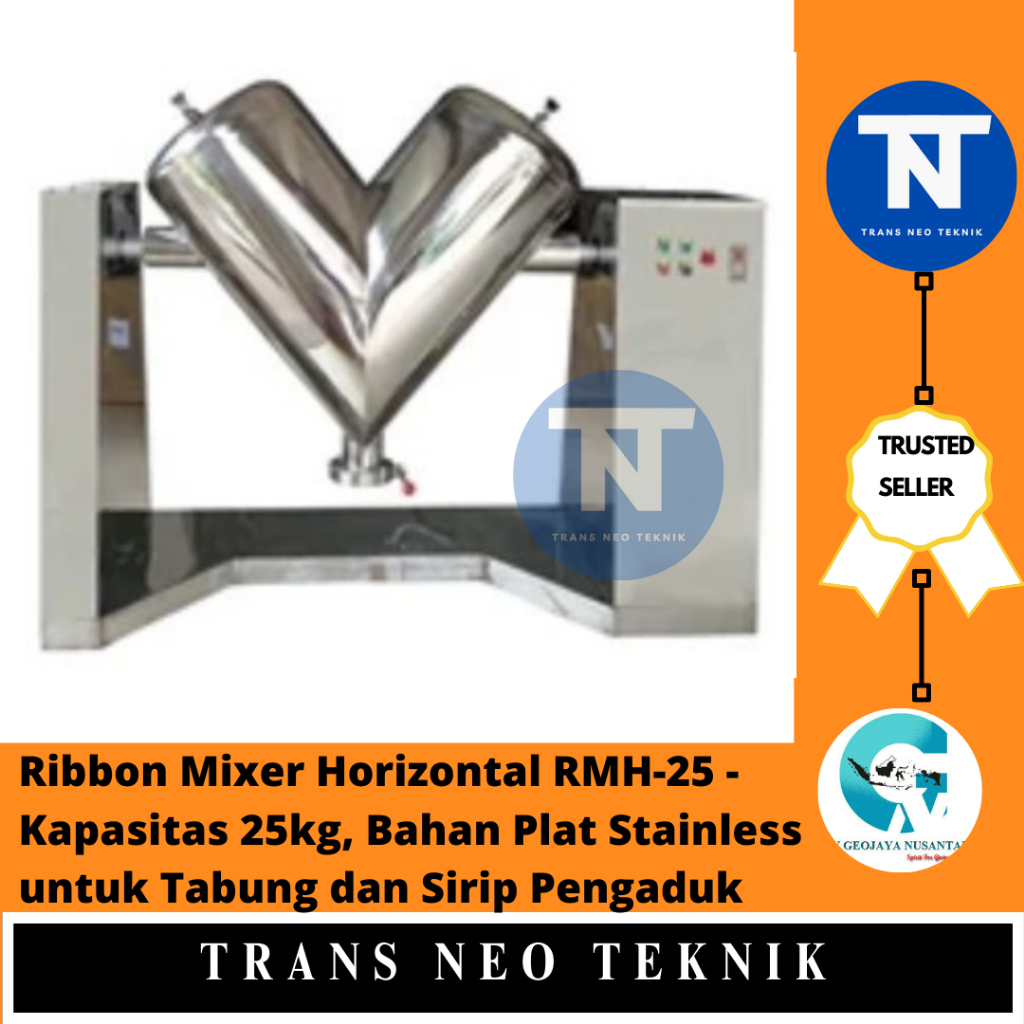 Ribbon Mixer Horizontal RMH-25 - Kapasitas 25kg, Bahan Plat Stainless untuk Tabung dan Sirip Pengaduk
