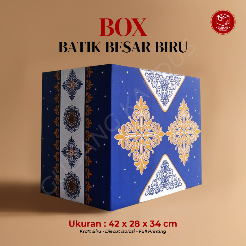 

Kardus Box Parcel Batik Biru - 42,8 x 28 x 35 cm batik/parcel/kotakkado/kardusparcel/boxparcel