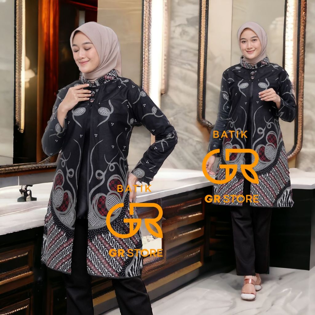 Baju Batik Wanita Atasan Tunik Lancip Motif Seno Susun Katun Adem New Modern Seragam Pesta Resespsi