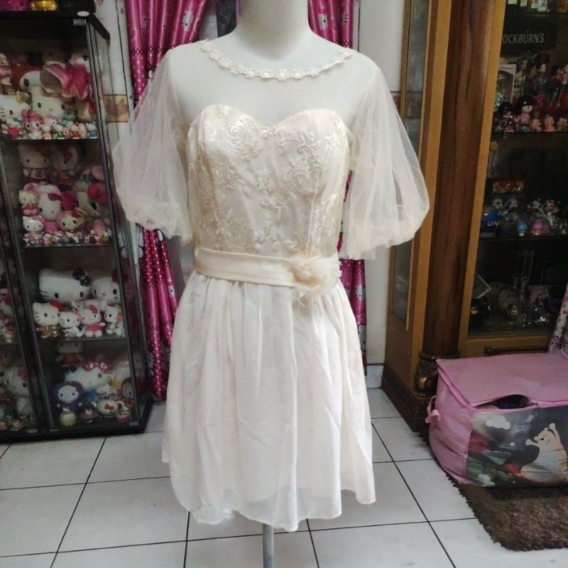dress pesta brukat mix tile lengan balon 2 lapis