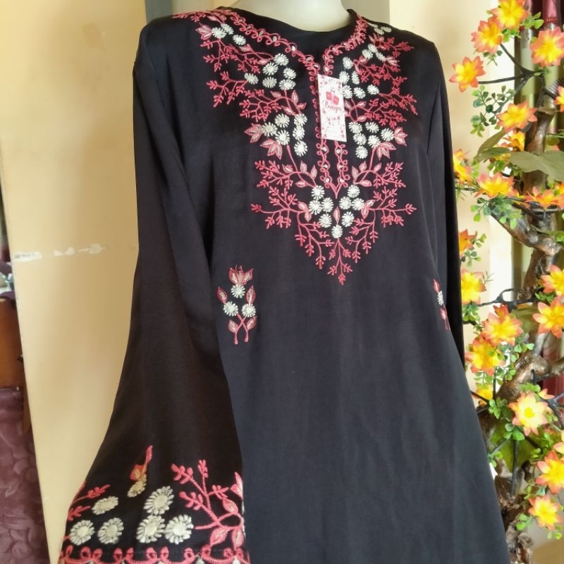 Abaya Hitam Bordir Merah mix Putih