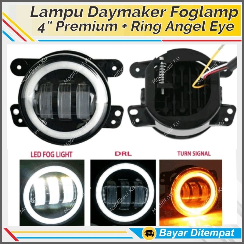 LAMPU TEMBAK KABUT FOGLAMP ANGEL EYE MOBIL 3 MATA LED DAYMAKER 2 FUNGSI 2 WARNA DRL LAMPU KOTA + SEN