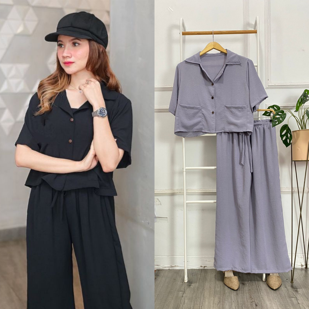 ONE SET CROP TOP POLOS JUMBO BAJU SETELAN WANITA KEKINIAN CRINKLE PREMIUM SETCEL REMAJA DEWASA LENGA