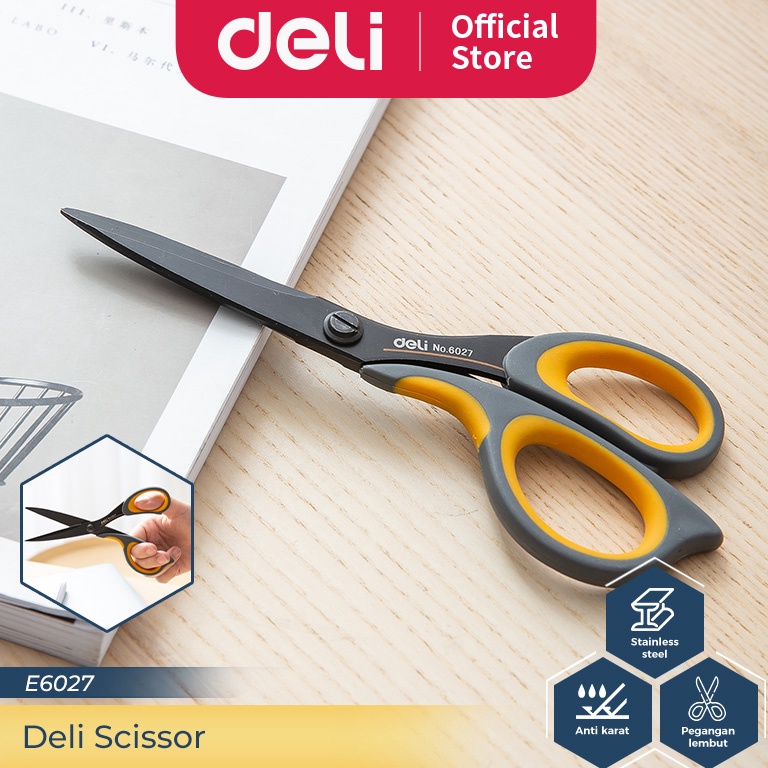 

75 Deli Scissor / Gunting Berlapis Teflon Besar/Kecil Anti Karat Desain Ergonomis E6027 E77757 Ready