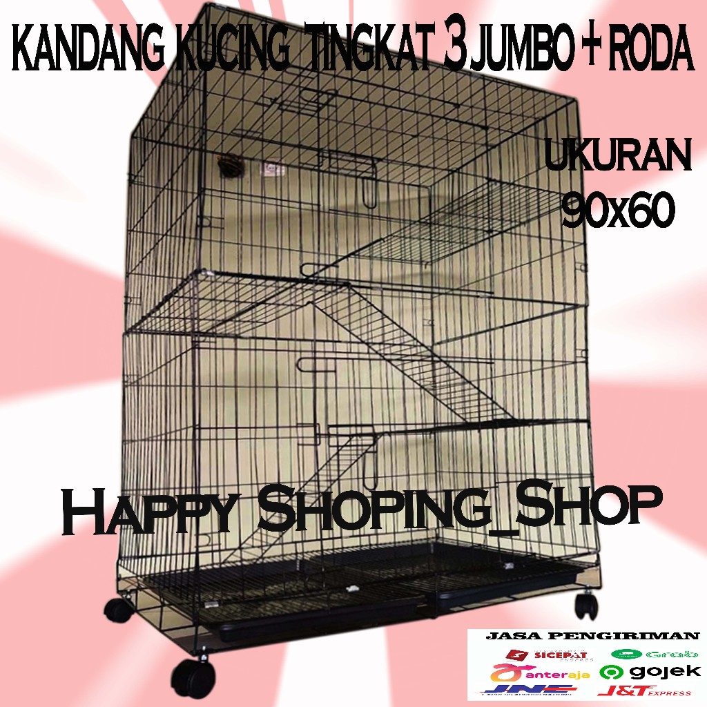 kandang kucing tingkat 3 size jumbo ukuran 90x60x140 bahan ebal bisa di lipat cat coating tahan kara