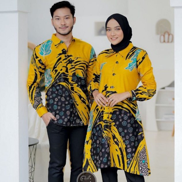 Baju Batik Couple Songket Hitam Tunik Kemeja Sarimbit Lengan Panjang Motif New Seno M-XXXL Jumbo