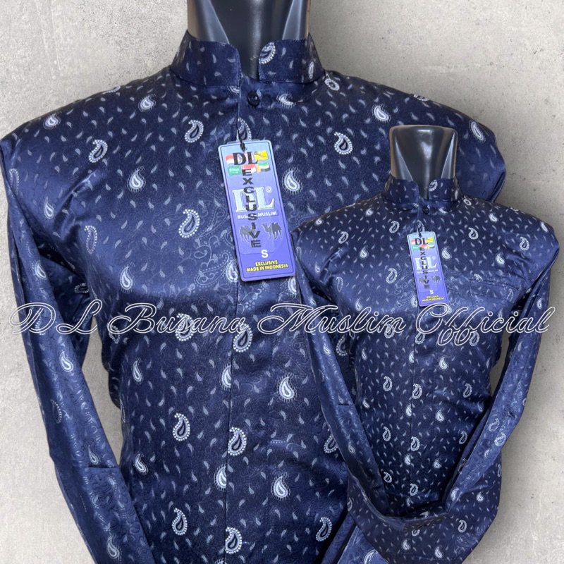 KEMEJA KOKO PRIA WARNA DONGKER TUA, Baju Muslim Pria Lengan Warna Biru Navy Motif Keong, Baju Koko P