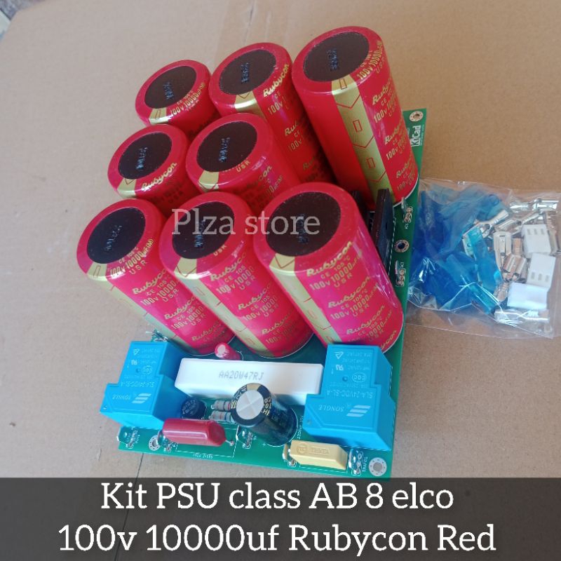 Kit PSU 8 elco 100v 10000uf Rubycon Red komplit softstar+Protector speaker+Tegangan simetris PSU cla
