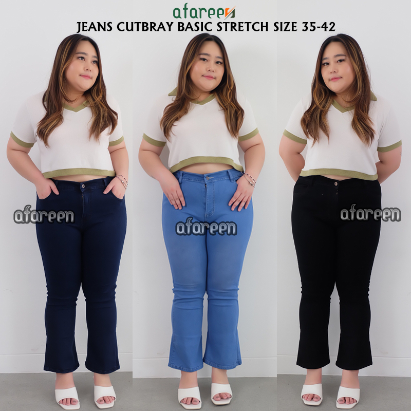 AFAREEN - Jeans Cutbray Polos Jumbo Celana Panjang Jeans Cutbray Plus Size 35-43