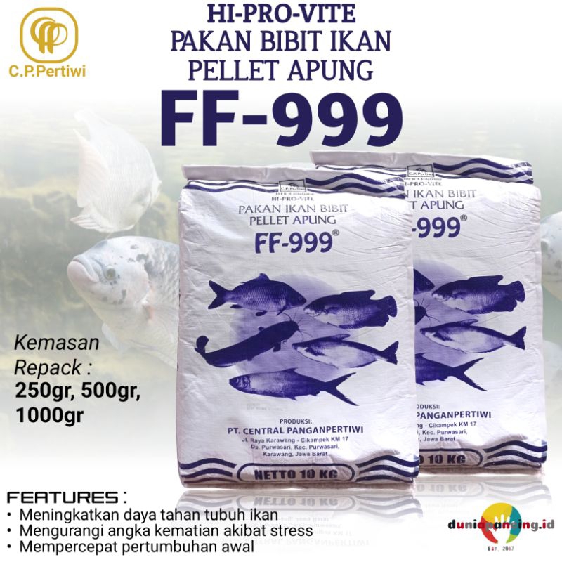 Repacking kemasan eceran Pakan bibit ikan pelet apung FF-999 Hi-Pro-Vite kemasan repack 250gr 500gr 