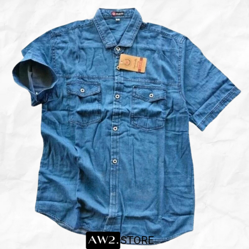 KEMEJA JEANS PRIA LENGAN PENDEK DISTRO CASUAL JUMBO DENIM BAJU JEANS PREMIUM
