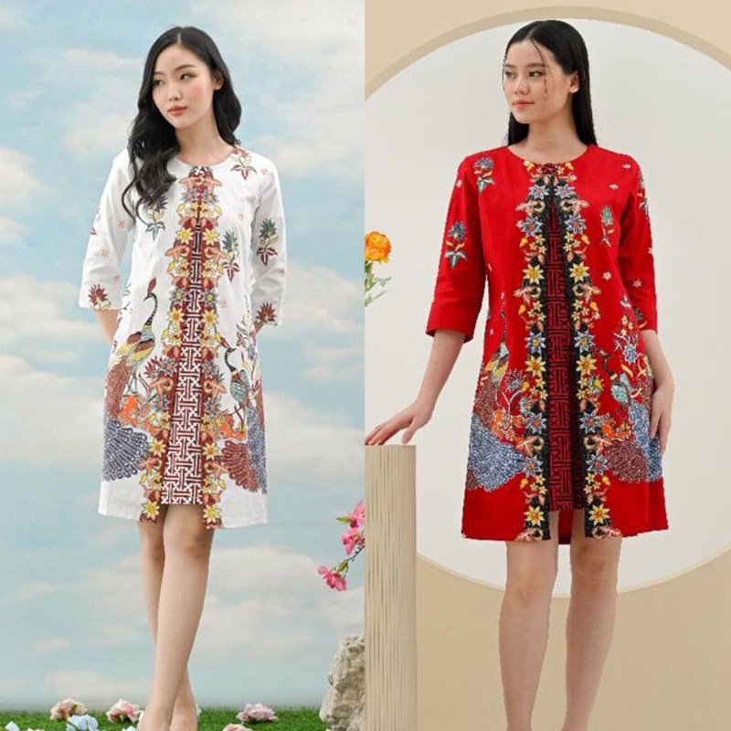 Meri Dress Batik Wanita Dress Wanita Terusan Batik 3/4 Seragam Family Set Gaun Batik Kerja Seragam J