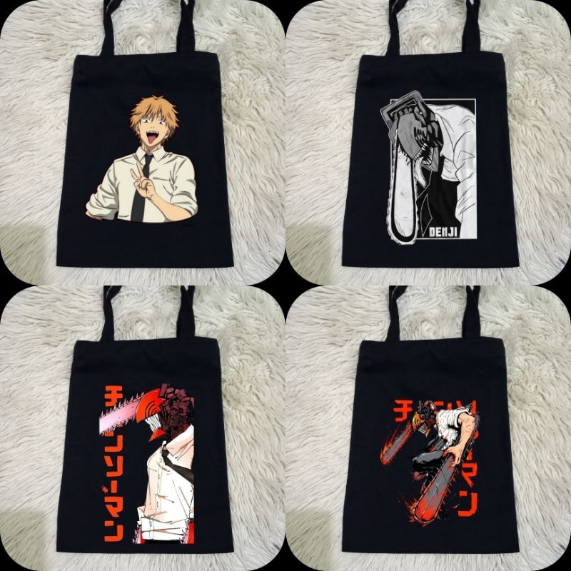 Totebag Hitam Denji Anime Chainsaw Man Tebal 100% Kanvas Premium / Tas Jinjing Hitam Anime Chainsaw 