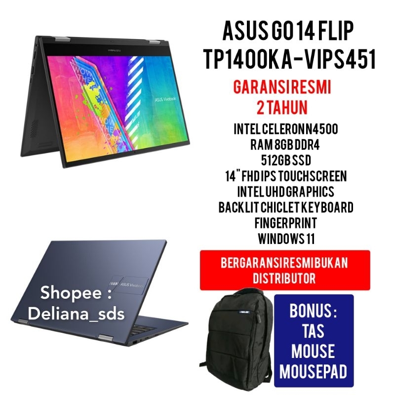 Laptop Asus Go 14 Flip TP1400KA Intel N4500 Touchscreen 8GB/512GB SSD Garansi Resmi 2 Tahu  Laptop Asus TP1400KA Touchscreen 8/512 Laptop Asus Touchscreen