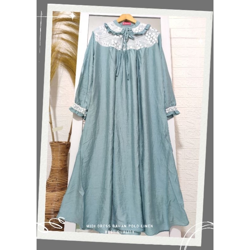 Fashion Wanita Midi Dress Muslim Terbaru Bahan Polo Linen Premium Maxi Brokat Malika Simpel Elegant Ld 110 Pb 125 Busui | Gamis Kondangan Kekinian | Baju Gamis Terlaris | Gamis Viral Kekinian | Midi Daily Polo Linen