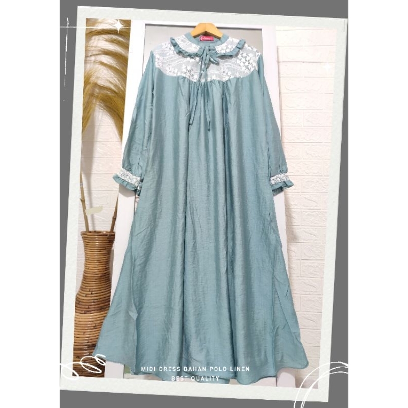 Fashion Wanita Midi Dress Muslim Terbaru Bahan Polo Linen Premium Maxi Brokat Malika Simpel Elegant 