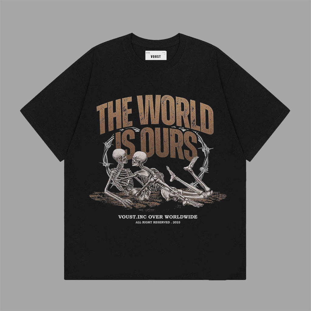 VOUSTSUPPLY Tshirt The World Is Ours Kaos Pria Wanita Hitam 24s