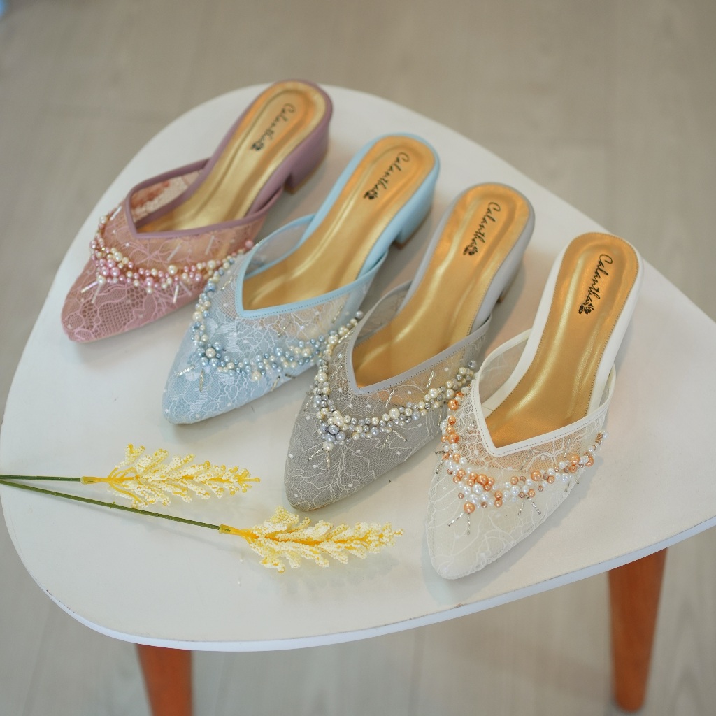 Deu_Calantha Sepatu Pesta Wanita Wedding Shoes Selop Berpayet Sierra Heels 3 Cm Berbahan Brokat Inso