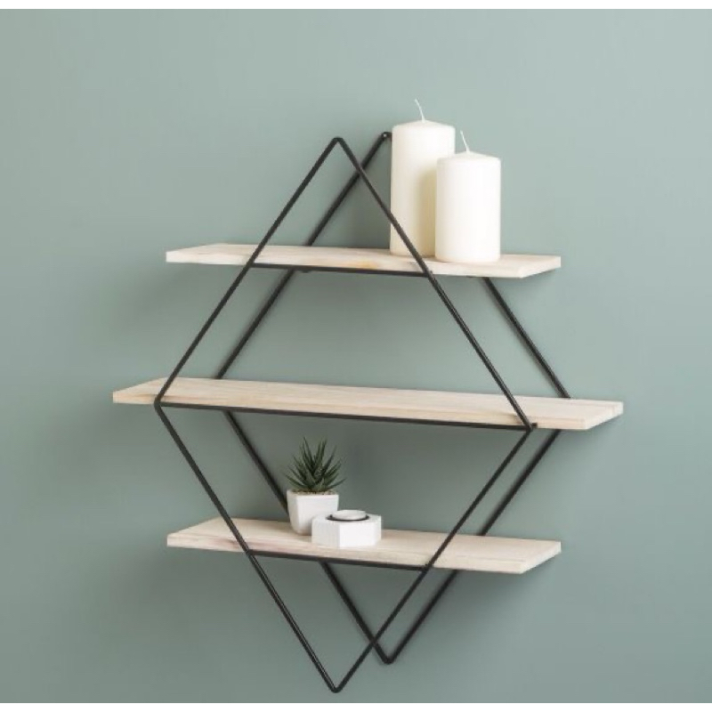 CUCI GUDANG Rak Besi Ketupat / Rak Dinding Besi Minimalis / Rak Dinding Hexagonal Ambalan Kayu