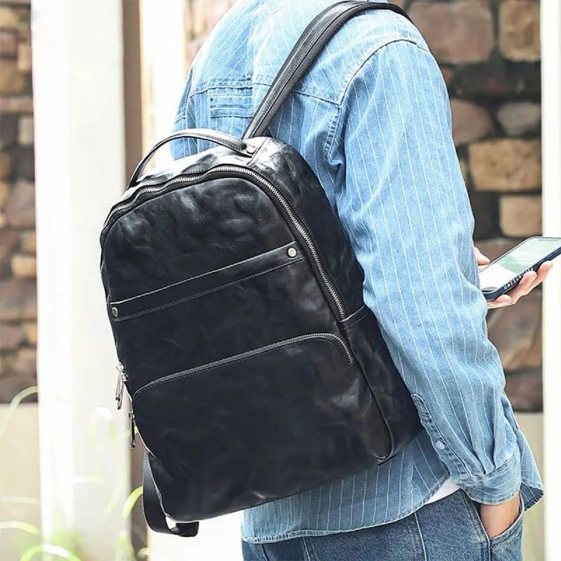 Tas Ransel Laptop Kulit Sapi Asli Garut - Tas Ransel Simple Hitam Kulit Asli Garut