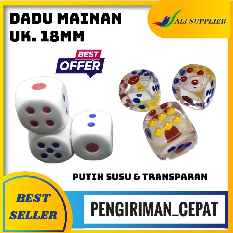 Dadu dice plastik 18mm x 18mm / DADU TRANSPARAN / DADU PUTIH BESAR / DADU ULAR TANGGA / DADU BOARD G