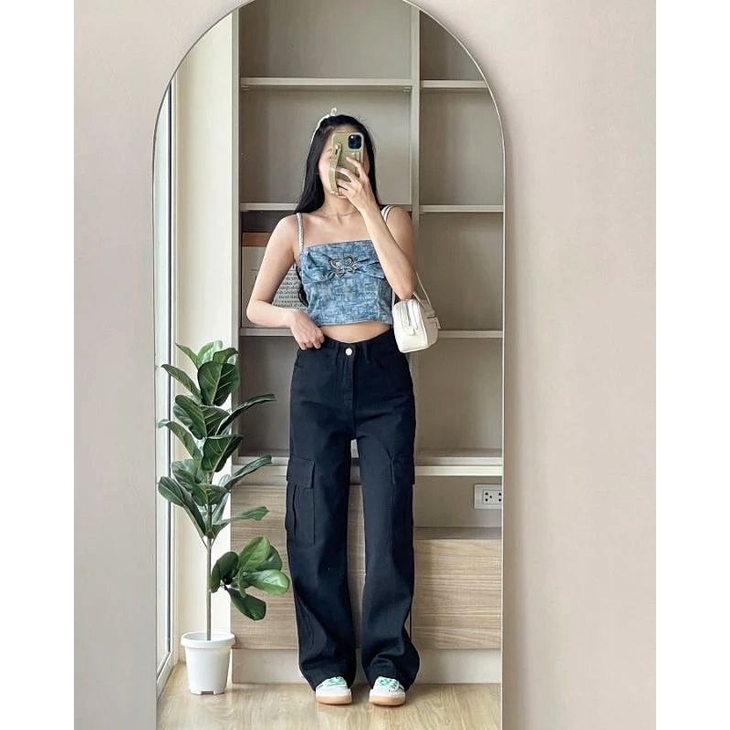 Celana Cargo Jeans Wanita - Highwaist Cargo Jeans Premium