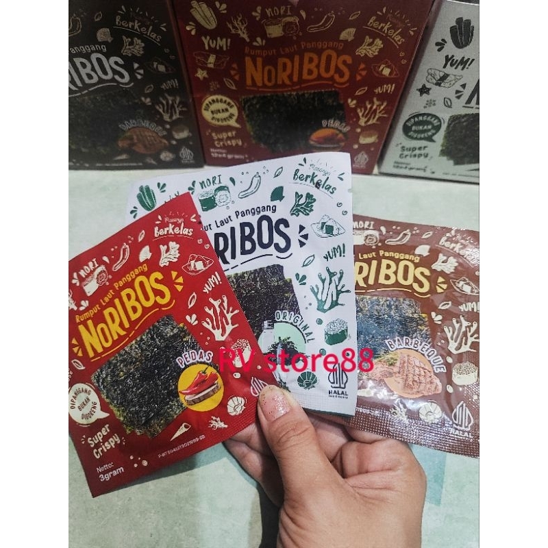 

Noribos rumput laut panggang rasa bbq,original,pedas isi 12pc