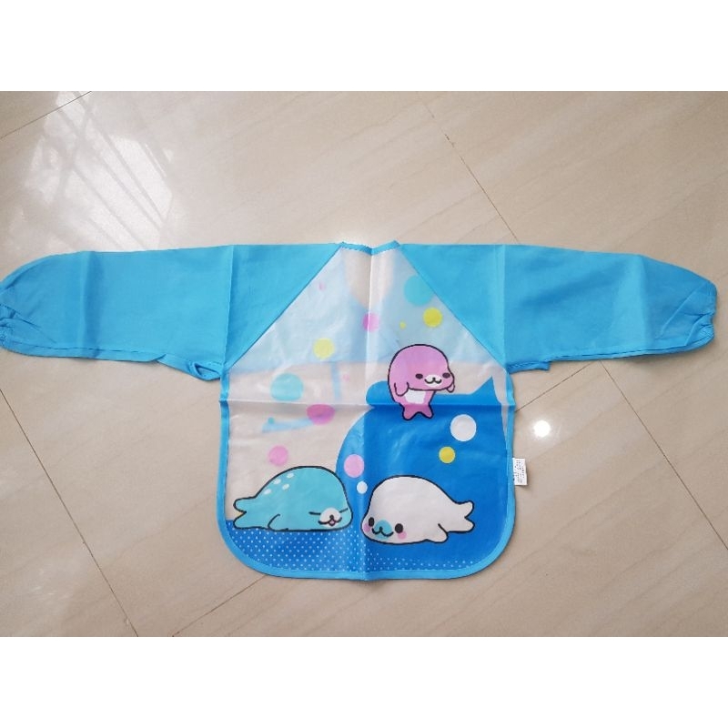(Preloved) Bib/slabber/apron Bayi/anak Lengan Panjang Anti Air Gambar Kartun Untuk Makan