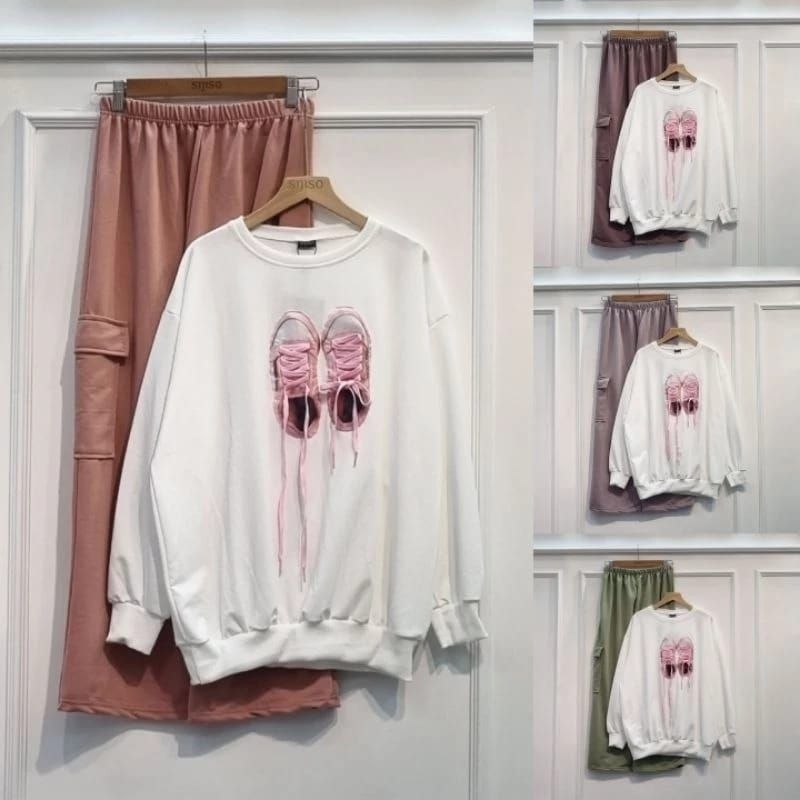 Sijiso Korean Wear Setelan Celana Cargo warna Lilac Setcel One Set 3D 3 Dimensi