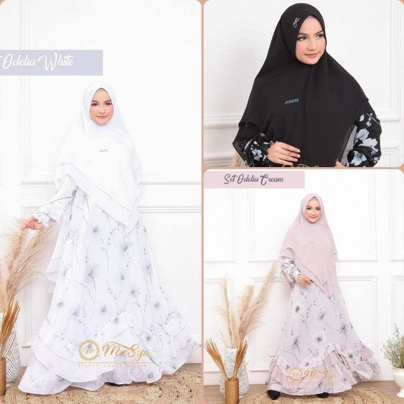 Set Gamis Dress Ceruty Babydoll Syari Branded Prinitng Cream - Black - White Mewah Masya Syari Origi