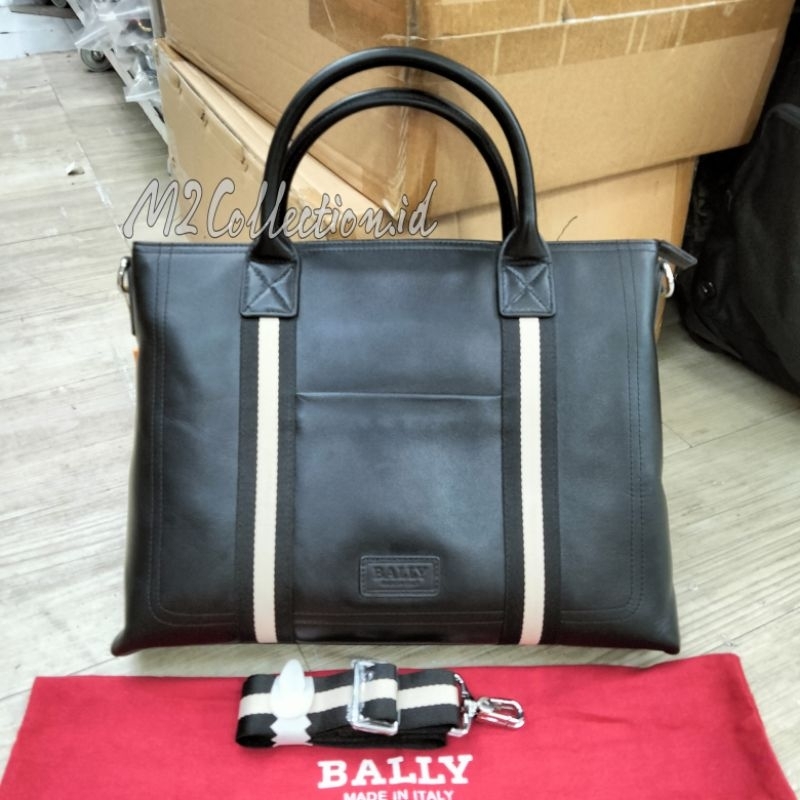 Tas Kantor Bally Leather Logo List Hitam Putih Tas Kerja Kulit import