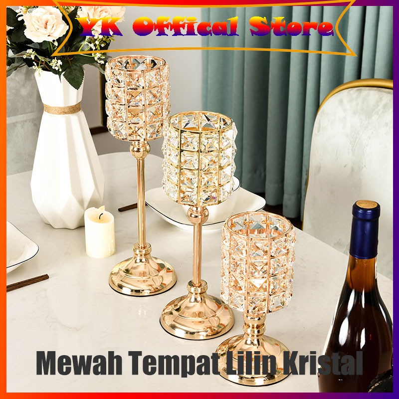 Tempat Lilin Kristal Meja Makan Mewah Elegant Crystal Standing Candle Holder Tempat Lilin Mewah Vas 