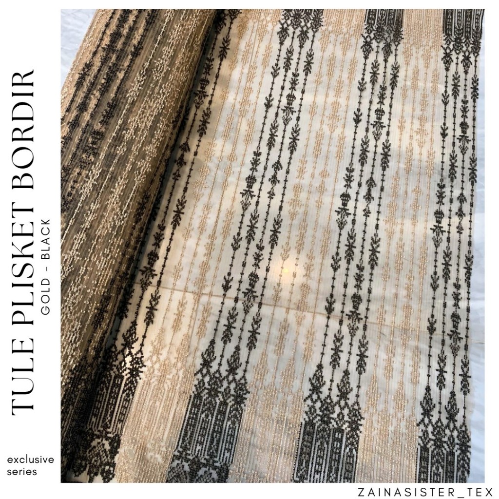 Bahan Kain Brokat Exclusive Pleated Tulle Tile Plisket Etnic Sapto Warna Gold - Black Emas Hitam
