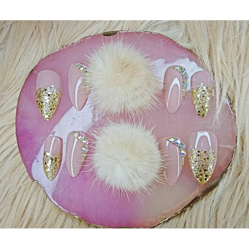 Kuku Palsu pom pom | Nude 302 Coklat susu | Free lem gel | wedding fake nails