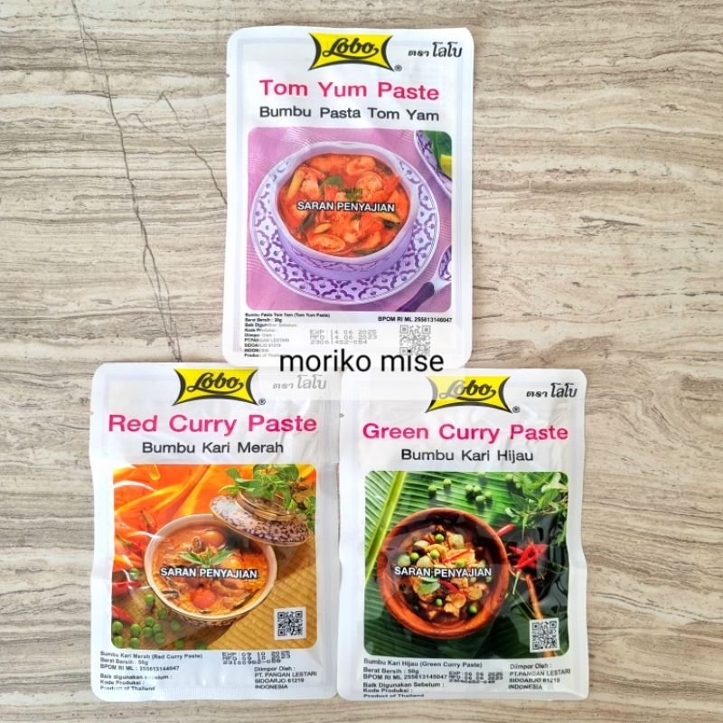 

lobo tom tum paste tom yam soup thailand / lobo red curry kari merah / bumbu instan green curry kari hijau