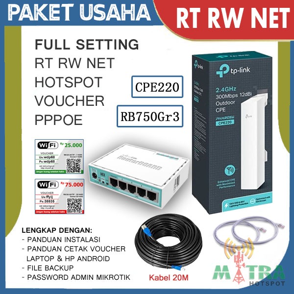 Paket Usaha Wifi Hotspot Voucher RT RW Net 20/30 User Full Setting Billing Hotspot CPE220