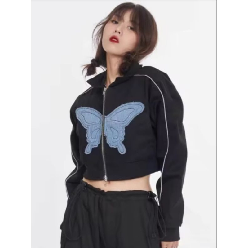 jaket crop double zipper kupu kupu