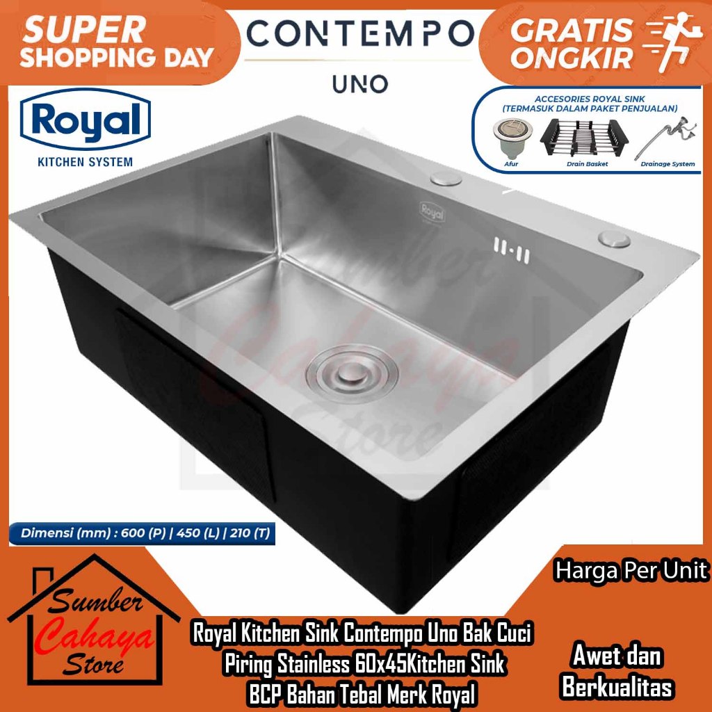 Wastafel Royal Kitchen Sink Contempo Uno Bak Cuci Piring Stainless 60 x 45 Kitchen Sink BCP Bahan Te